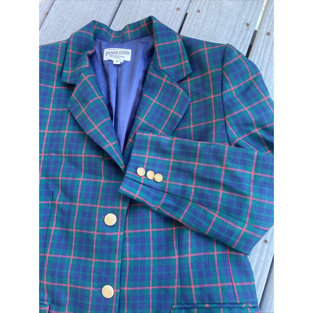 Vintage Pendleton Women's Blazer 14P Petite Plaid 100% Virgin Wool Green Blue